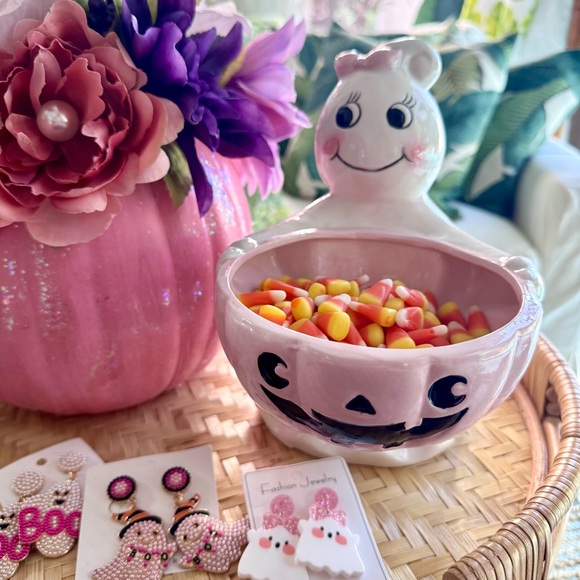 NWT! Sweet Ghost Pink Pumpkin Candy Bowl - Picture 1 of 8